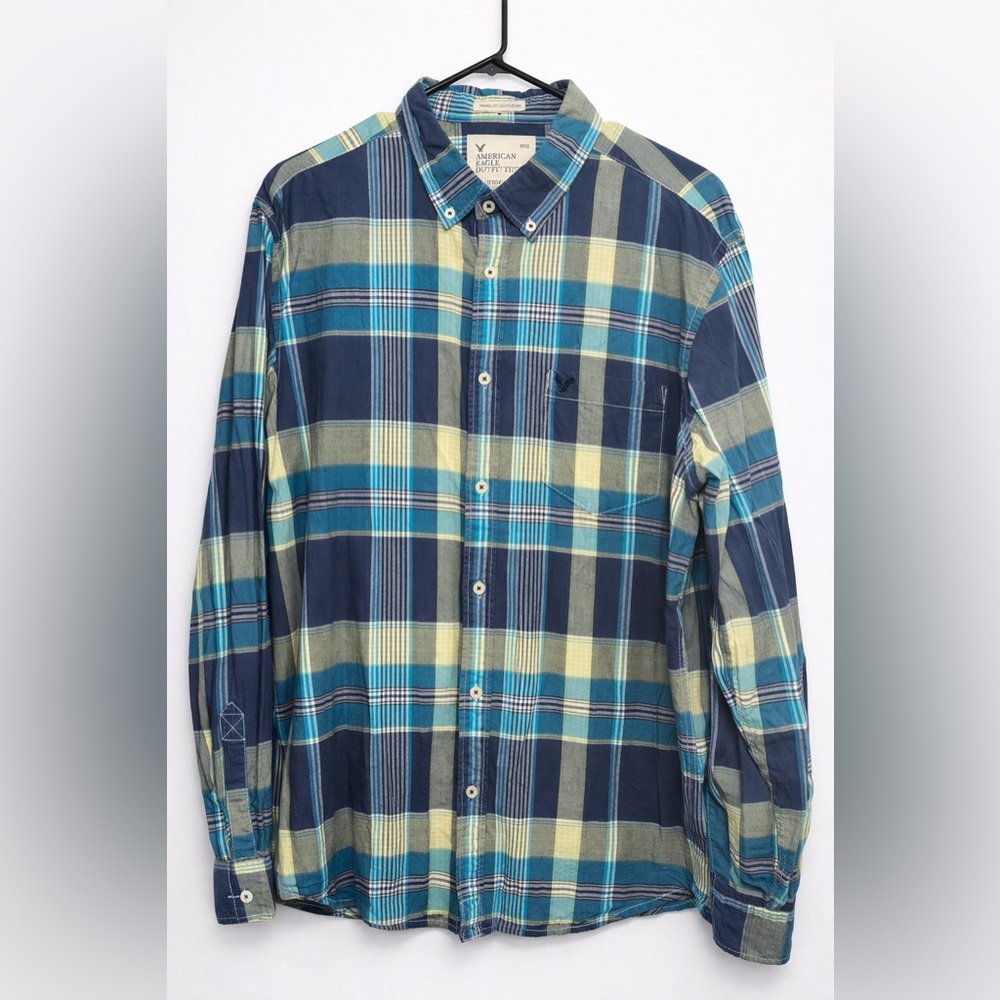 American Eagle Outfitters Blue and Yellow Plaid Shirt - 100% cotton - Size XXL